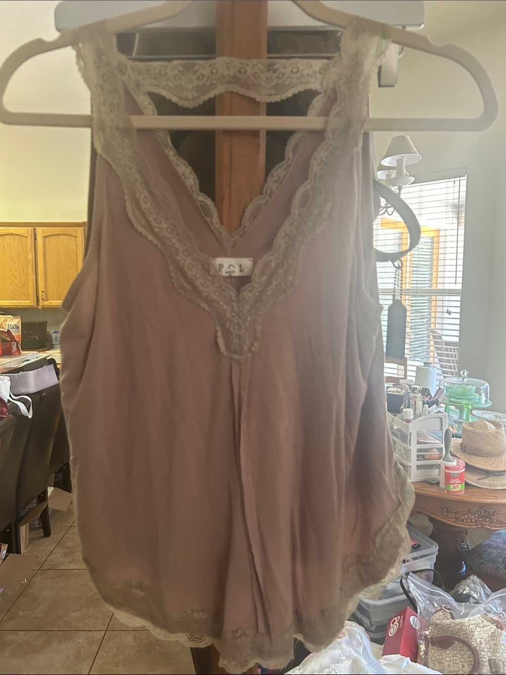 POL Lace-Trim V-Neck Chemise in Taupe VGUC